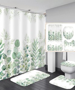 Green Leaves Print Shower Curtain For Nature Bathroom Decor