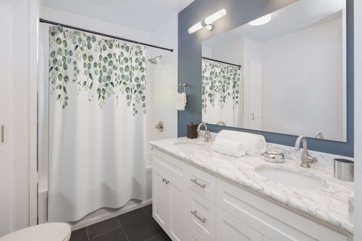 Green Leaves Shower Curtain - Boho Bathroom Decor with Plants and Botanical Print