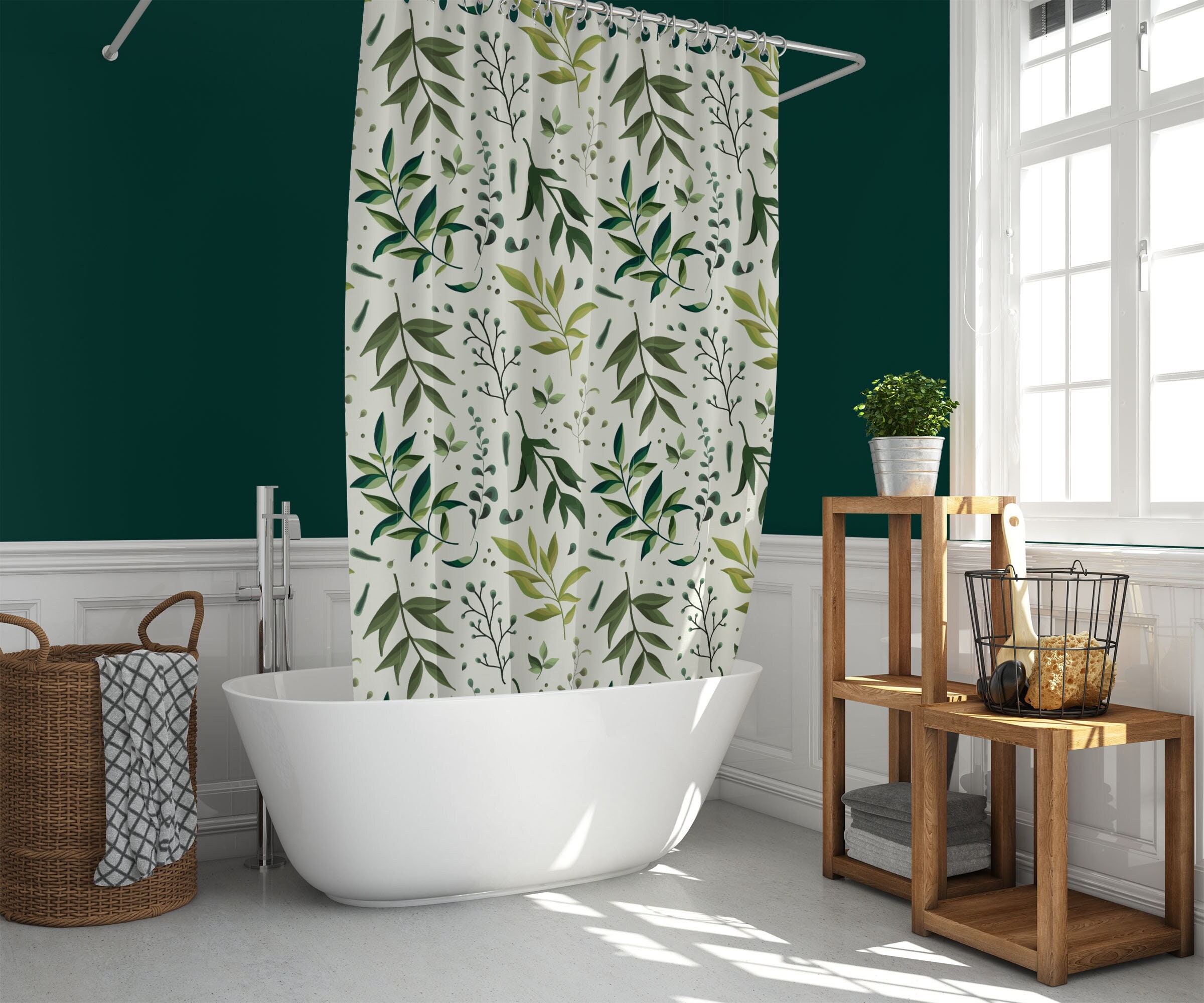 Green Leaves Shower Curtain - Emerald Plants Waterproof Fabric Nature Decor for Bathroom