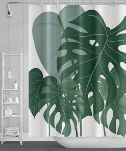 Green Leaves Shower Curtain with Tropical Plants on White Background, 72x72 - Luxury Shower Curtains