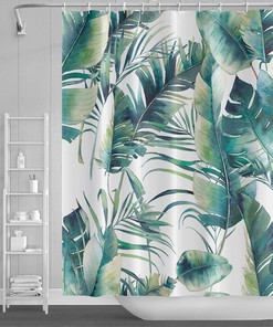 Green Leaves Shower Curtain with Tropical Plants on White Background, 72x72 - Luxury Shower Curtains