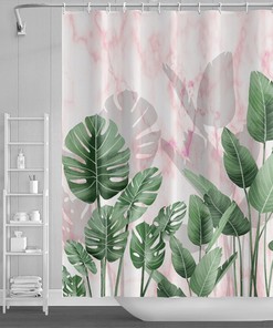 Green Leaves Shower Curtain with Tropical Plants on White Background, 72x72 - Luxury Shower Curtains
