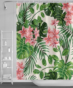 Green Leaves Shower Curtain with Tropical Plants on White Background, 72x72 - Luxury Shower Curtains