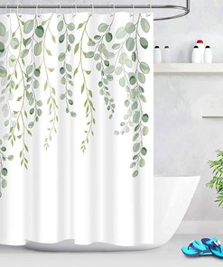 Green Leaves Spring Watercolor Plant Floral Round Eucalyptus Fabric Bathroom Decor Shower Curtain