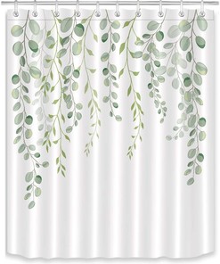 Green Leaves Spring Watercolor Plant Floral Round Eucalyptus Fabric Bathroom Decor Shower Curtain
