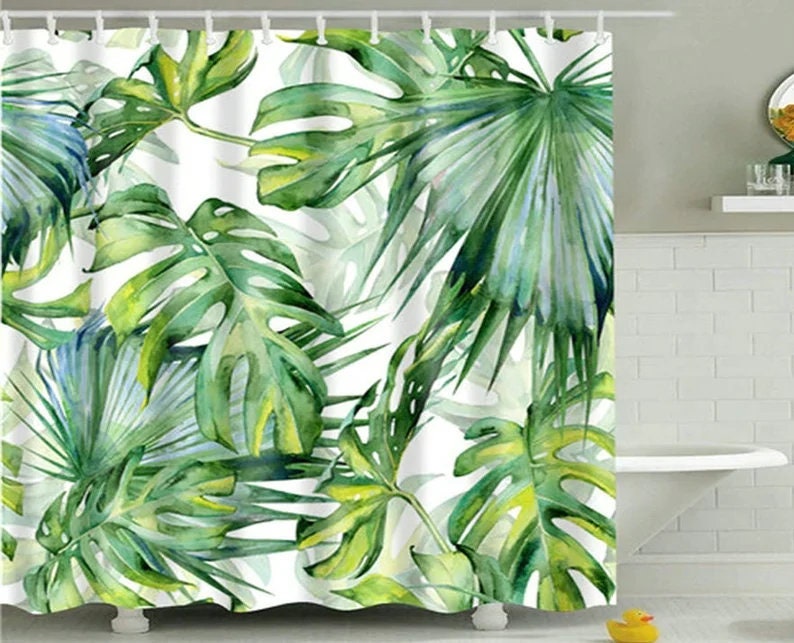 Green Leaves Tropical Plant Palm Leaf Shower Curtain for Trendy Bathroom