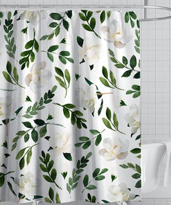 Green Leaves Watercolor Leaf Fabric Eucalyptus Shower Curtain For Natural Bathroom Decor