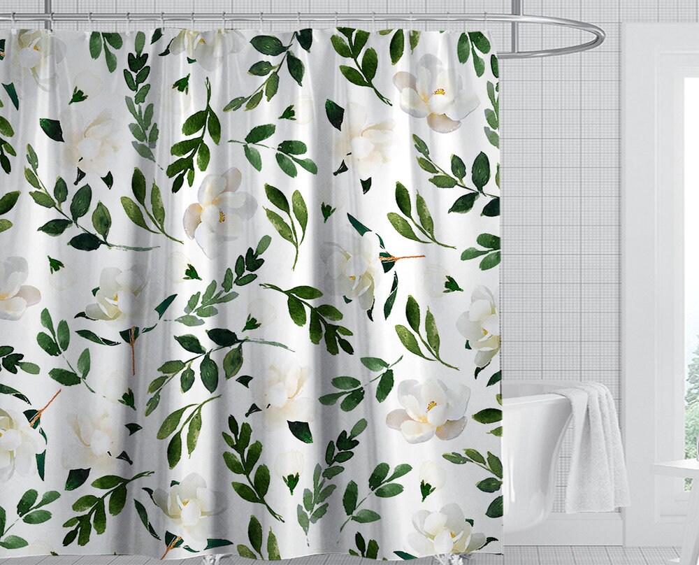 Green Leaves Watercolor Leaf Fabric Eucalyptus Shower Curtain For Natural Bathroom Decor