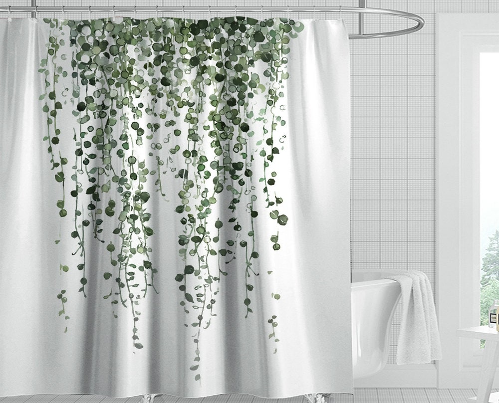 Green Leaves Watercolor Leaf Fabric Eucalyptus Shower Curtain For Natural Bathroom Decor
