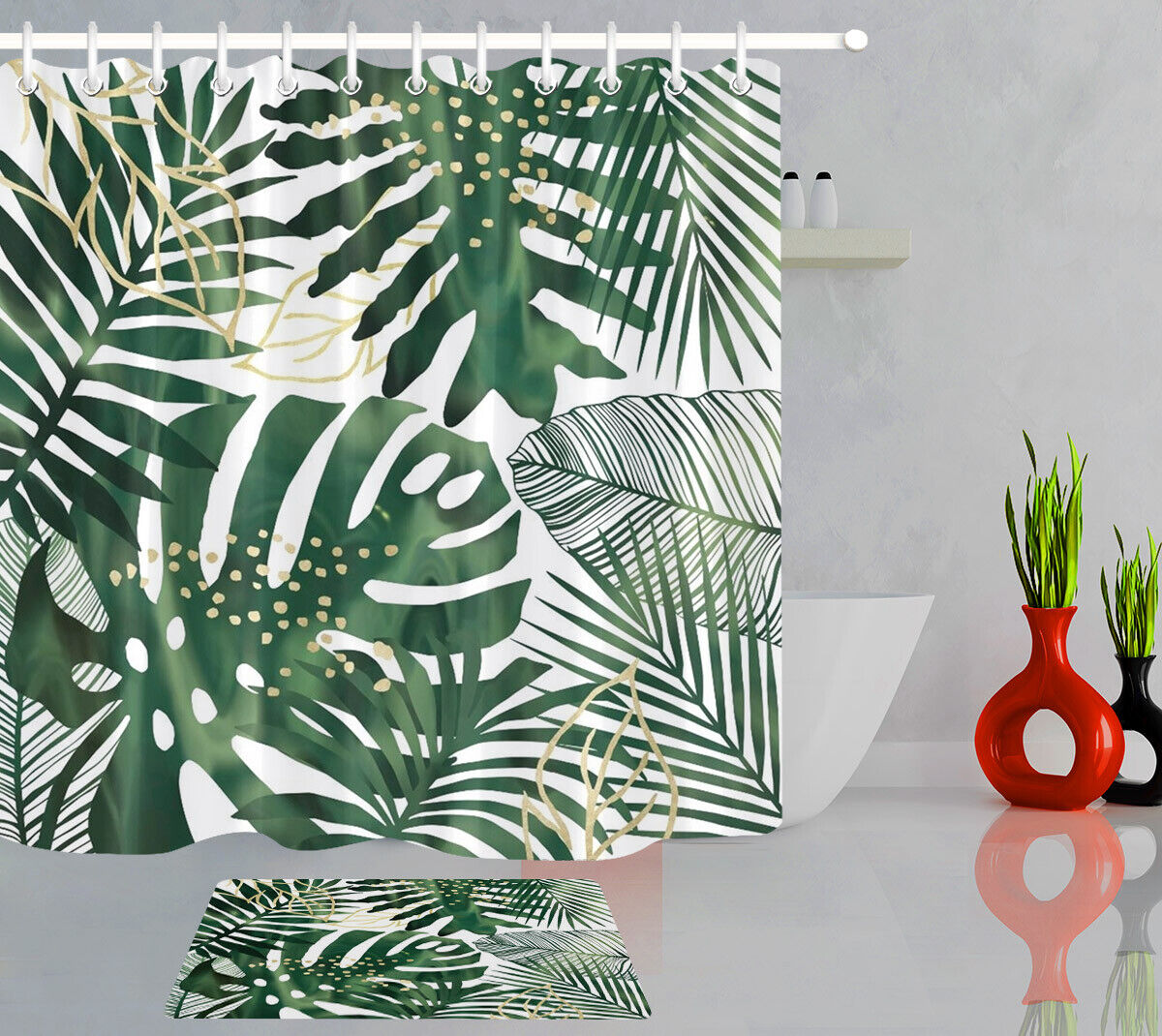 Green Leaves Watercolor Summer Tropical Shower Curtain for Bathroom Decor