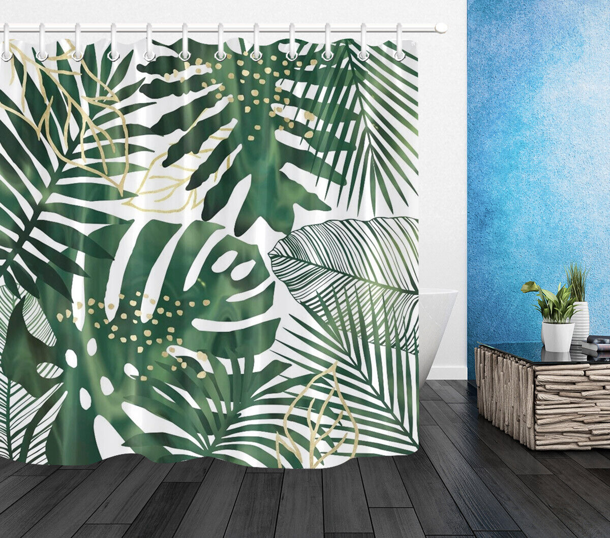 Green Leaves Watercolor Summer Tropical Shower Curtain for Bathroom Decor
