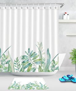 Green Leaves Watercolor Tropical Plants Theme Shower Curtain for Bathroom 