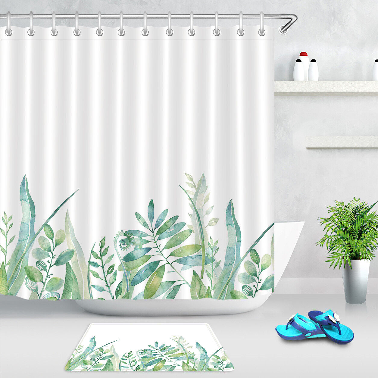Green Leaves Watercolor Tropical Plants Theme Shower Curtain for Bathroom