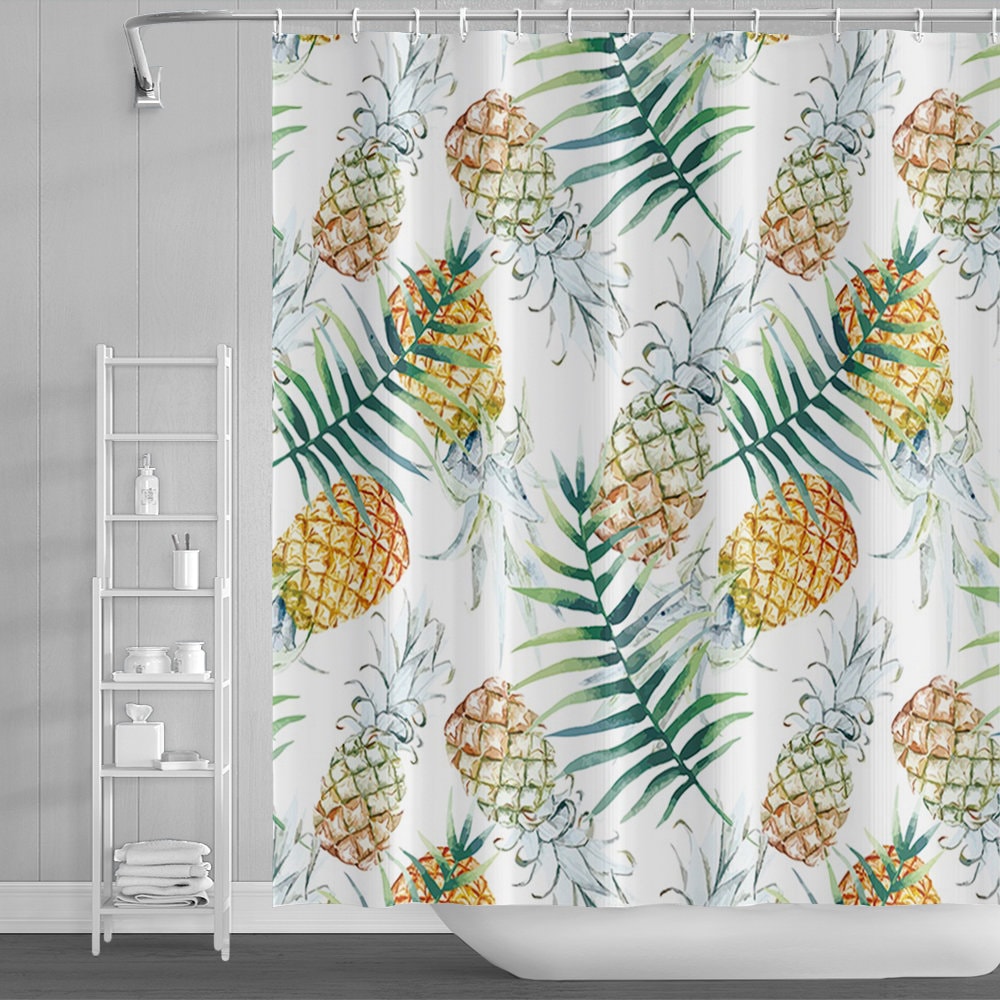 Green Leaves and Pink Flowers Pineapple Shower Curtain