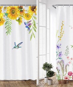 Green Leaves and Yellow Flower Sunflower Shower Curtain for Rustic Farmhouse Bathroom Decor
