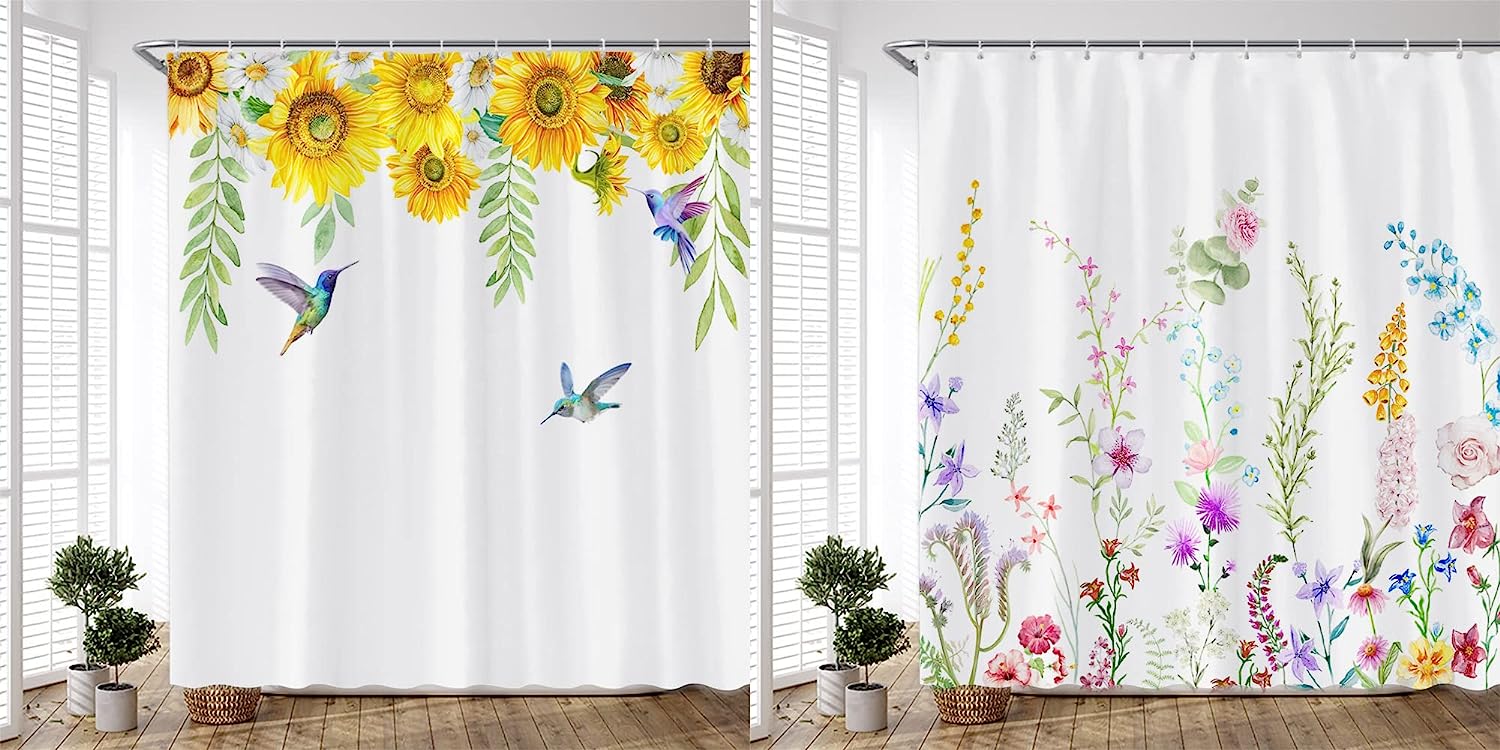 Green Leaves and Yellow Flower Sunflower Shower Curtain for Rustic Farmhouse Bathroom Decor