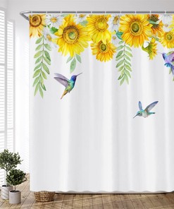 Green Leaves and Yellow Flower Sunflower Shower Curtain for Rustic Farmhouse Bathroom Decor