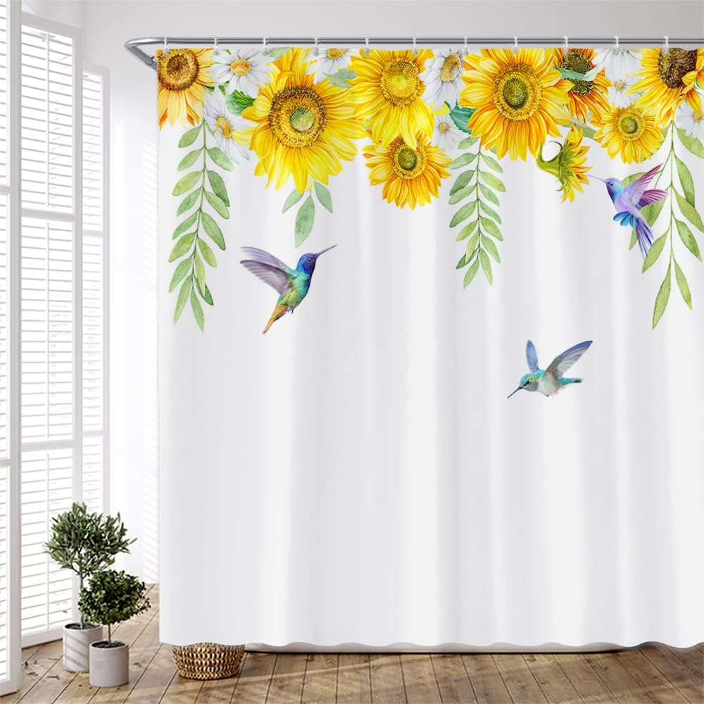 Green Leaves and Yellow Flower Sunflower Shower Curtain for Rustic Farmhouse Bathroom Decor
