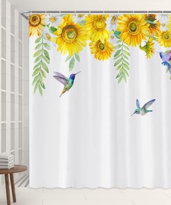 Green Leaves and Yellow Flower Sunflower Shower Curtain for Rustic Farmhouse Bathroom Decor