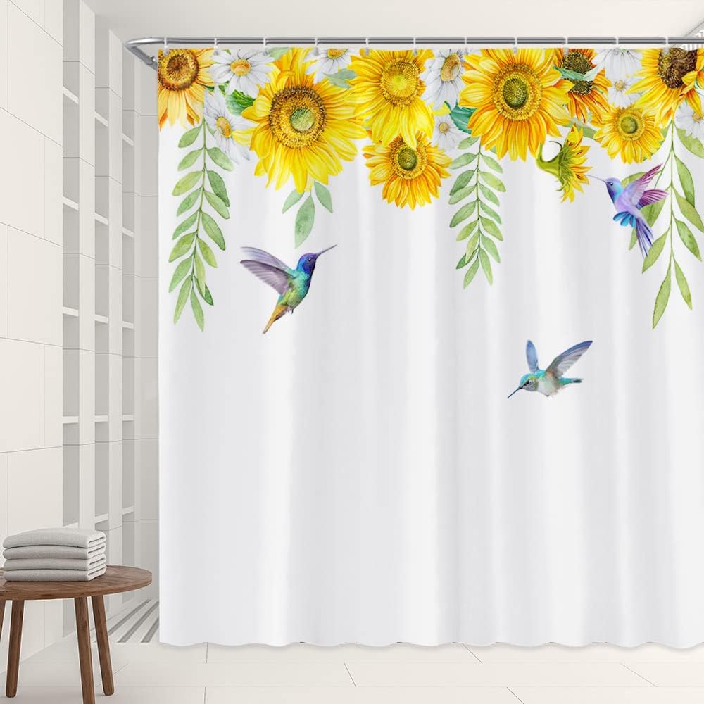 Green Leaves and Yellow Flower Sunflower Shower Curtain for Rustic Farmhouse Bathroom Decor