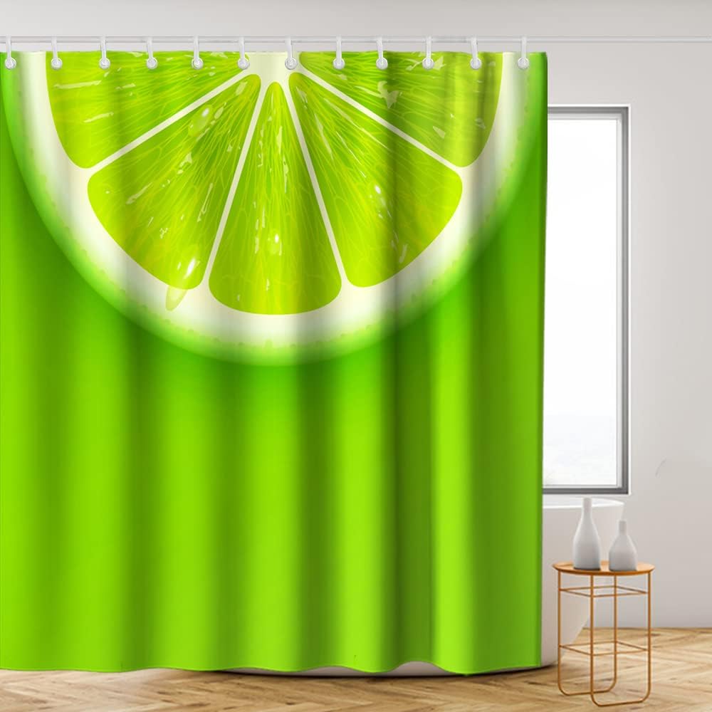Green Lemon Shower Curtain - Cute Sliced Fruit Pattern Theme - Waterproof Washable Bathroom Decor