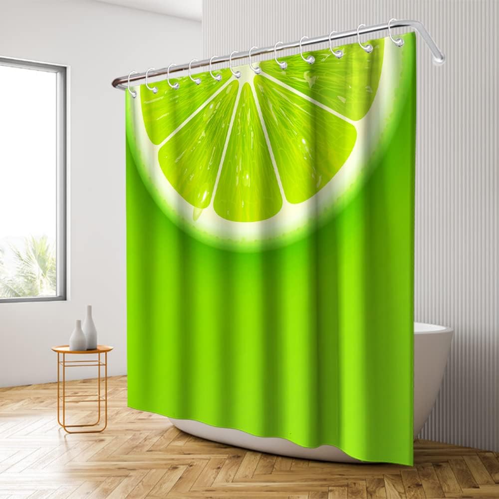 Green Lemon Shower Curtain - Cute Sliced Fruit Pattern Theme - Waterproof Washable Bathroom Decor