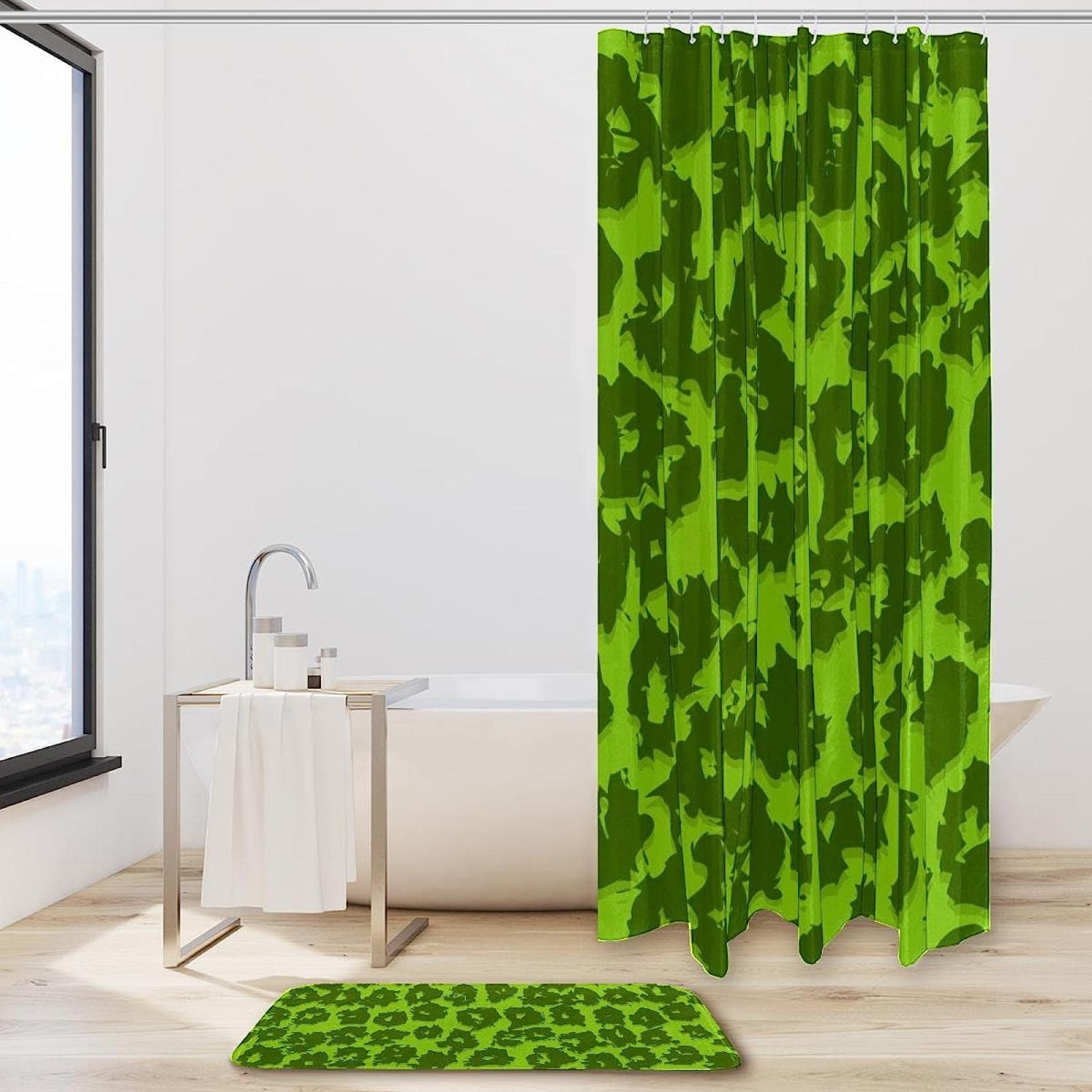 Green Leopard Pattern Shower Curtain With Waterproof Fabric For Your Bathroom