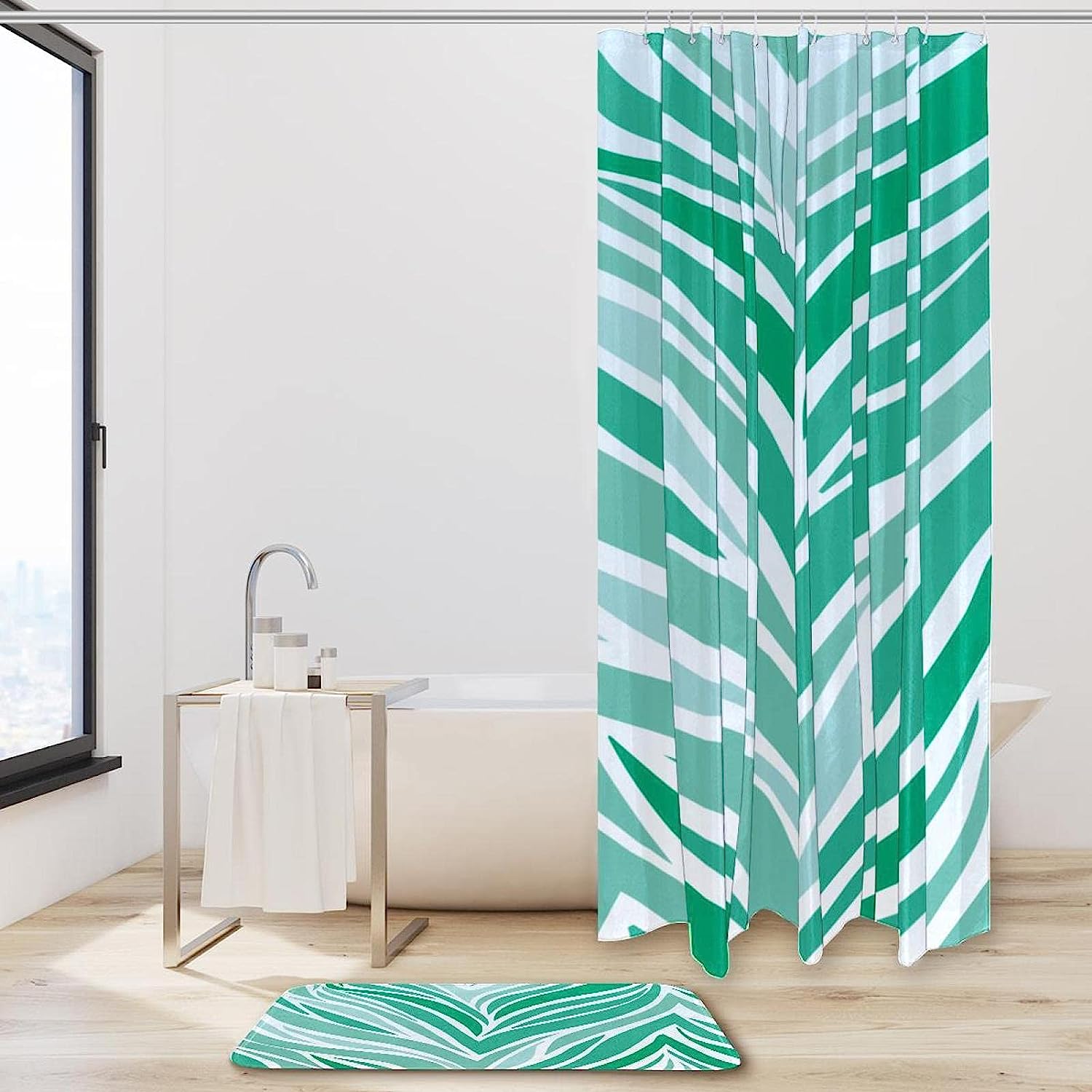 Green Leopard Stripe Printed Bathroom Tub Set With Waterproof Fabric Shower Curtain - Image 2