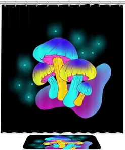 Green Light Mushroom Printed Bathroom Tub Set With Waterproof Fabric Shower Curtain