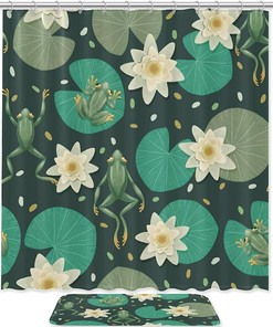 Green Lotus Leaf And Frog Print Shower Curtain With Waterproof Fabric For Your Bathroom 