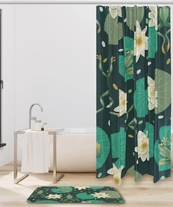 Green Lotus Leaf And Frog Print Shower Curtain With Waterproof Fabric For Your Bathroom