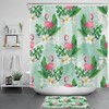 Green Marble Shower Curtain with Flamingo and Leaf Flower Print
