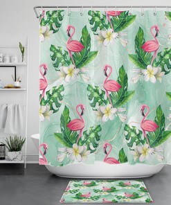 Green Marble Shower Curtain with Flamingo and Leaf Flower Print