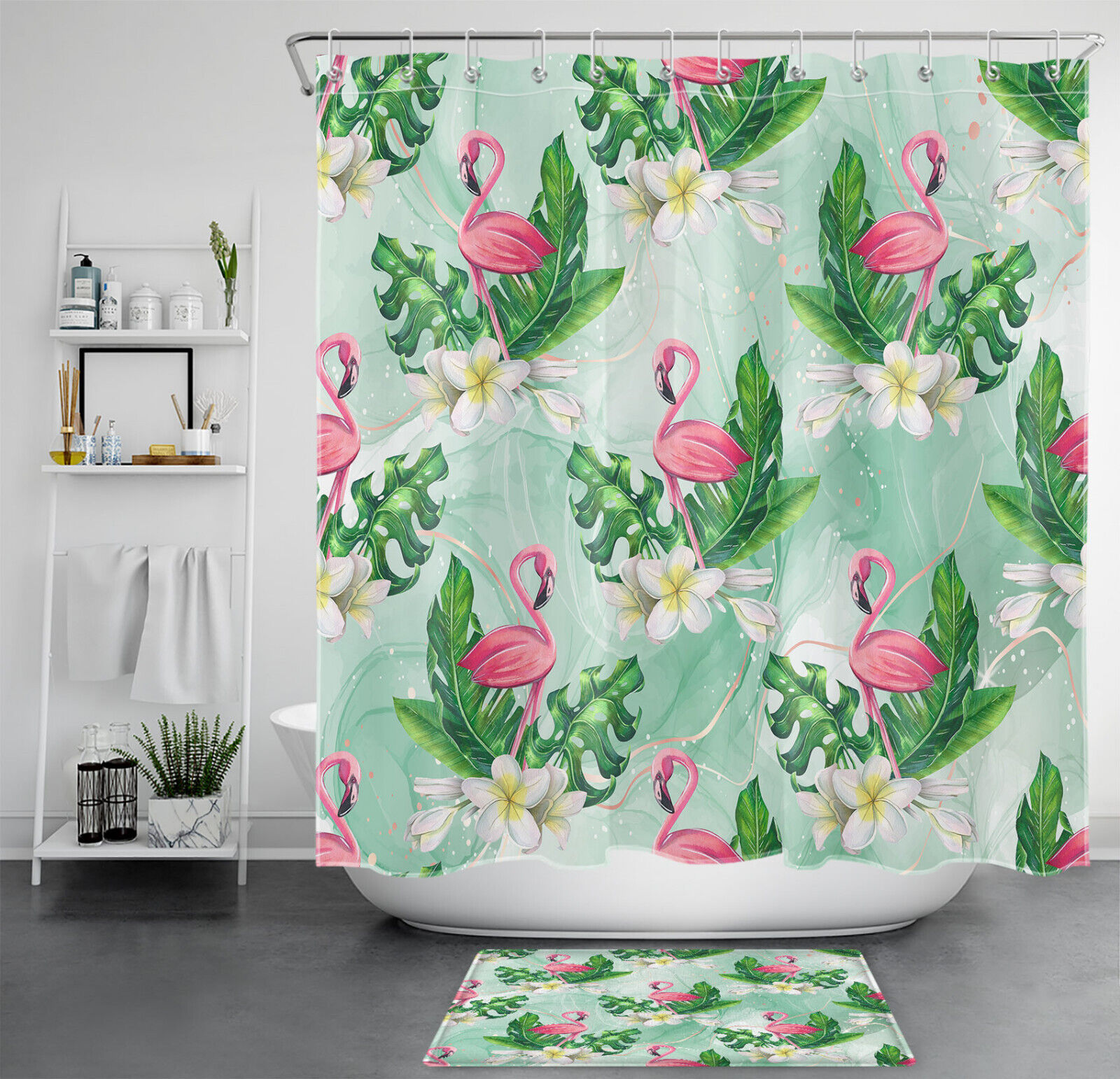 Green Marble Shower Curtain with Flamingo and Leaf Flower Print