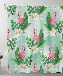 Green Marble Shower Curtain with Flamingo and Leaf Flower Print
