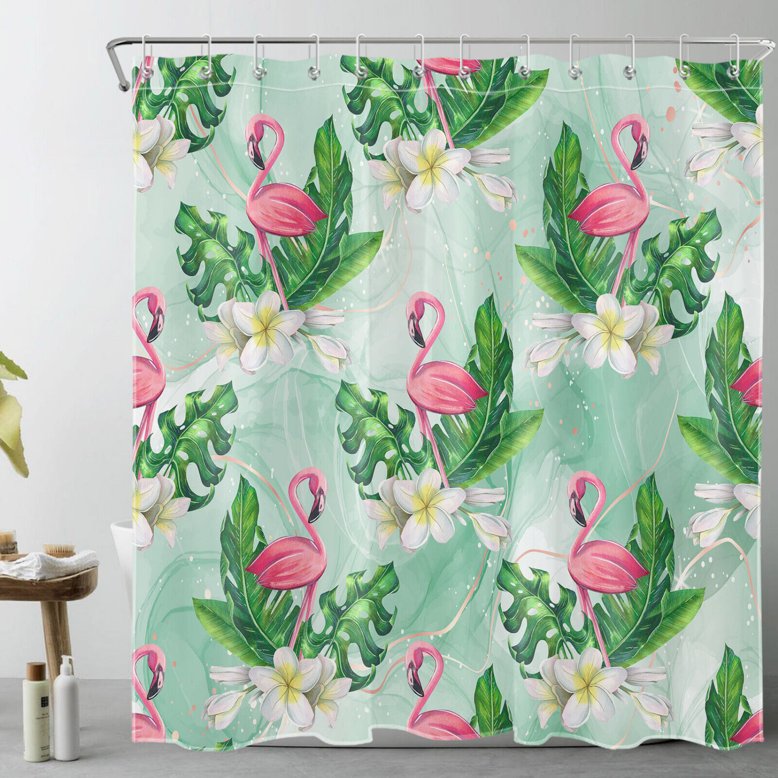 Green Marble Shower Curtain with Flamingo and Leaf Flower Print