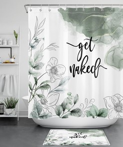 Green Marble Texture Shower Curtain With Botanical Floral Print - Perfect For A Modern And Chic Bathroom