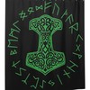 Green Mjolnir and Rune Wheel Norse Mythology Shower Curtain for Home, Hotel, and Office Bathroom