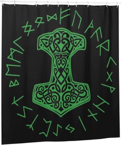 Green Mjolnir and Rune Wheel Norse Mythology Shower Curtain for Home, Hotel, and Office Bathroom