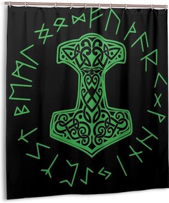 Green Mjolnir and Rune Wheel Norse Mythology Shower Curtain for Home, Hotel, and Office Bathroom