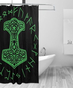 Green Mjolnir and Rune Wheel Norse Mythology Shower Curtain for Home, Hotel, and Office Bathroom