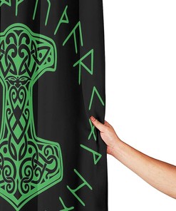 Green Mjolnir and Rune Wheel Norse Mythology Shower Curtain for Home, Hotel, and Office Bathroom