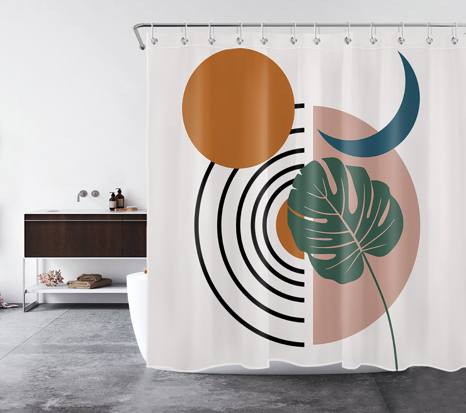 Green Monstera Leaf Sun Moon Shower Curtain for a Tropical Bathroom