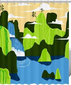 Green Mountain Landscape Waterfall Scenery Shower Curtain For Your Nature-Inspired Bathroom 
