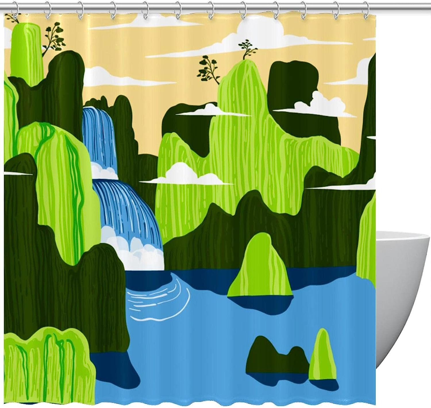 Green Mountain Landscape Waterfall Scenery Shower Curtain For Your Nature-Inspired Bathroom