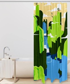 Green Mountain Landscape Waterfall Scenery Shower Curtain For Your Nature-Inspired Bathroom