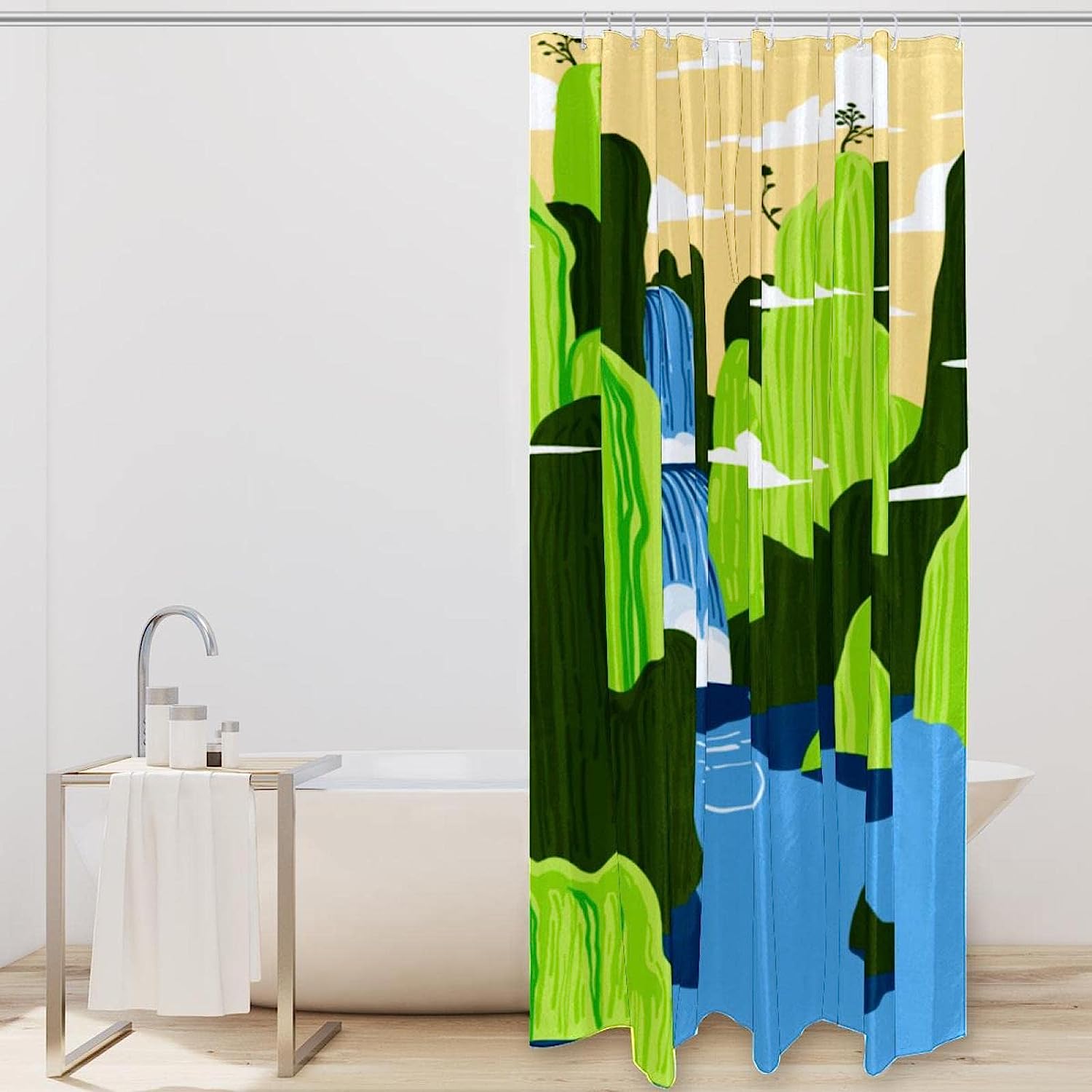 Green Mountain Landscape Waterfall Scenery Shower Curtain For Your Nature-Inspired Bathroom