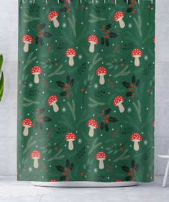 Green Mushroom Shower Curtain for Bathroom, Botanical Plant Leaves Theme 