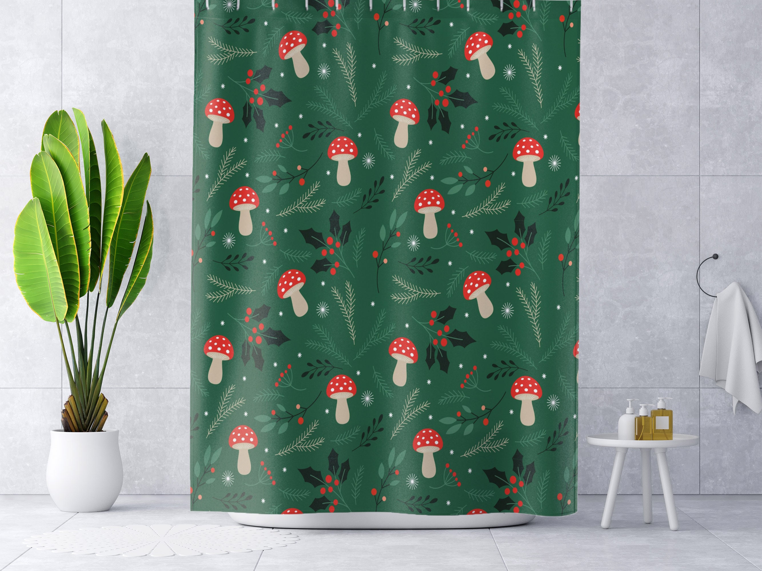 Green Mushroom Shower Curtain for Bathroom, Botanical Plant Leaves Theme