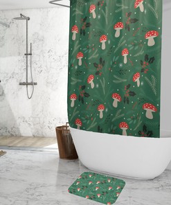Green Mushroom Shower Curtain for Bathroom, Botanical Plant Leaves Theme